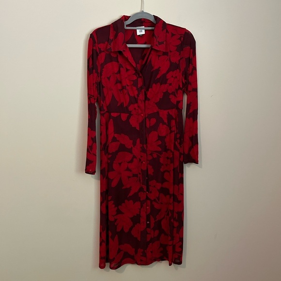 Cabi Red Floral Mesh Long Sleeve Button Front Dress Size Small - Picture 1 of 9